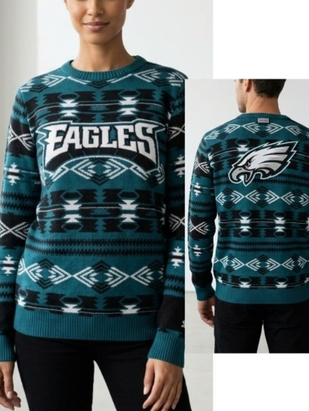 NFL Philadelphia Eagles Unisex Teal Fair Isle Pullover Crewneck Knit Sweater - Picture 1 of 16